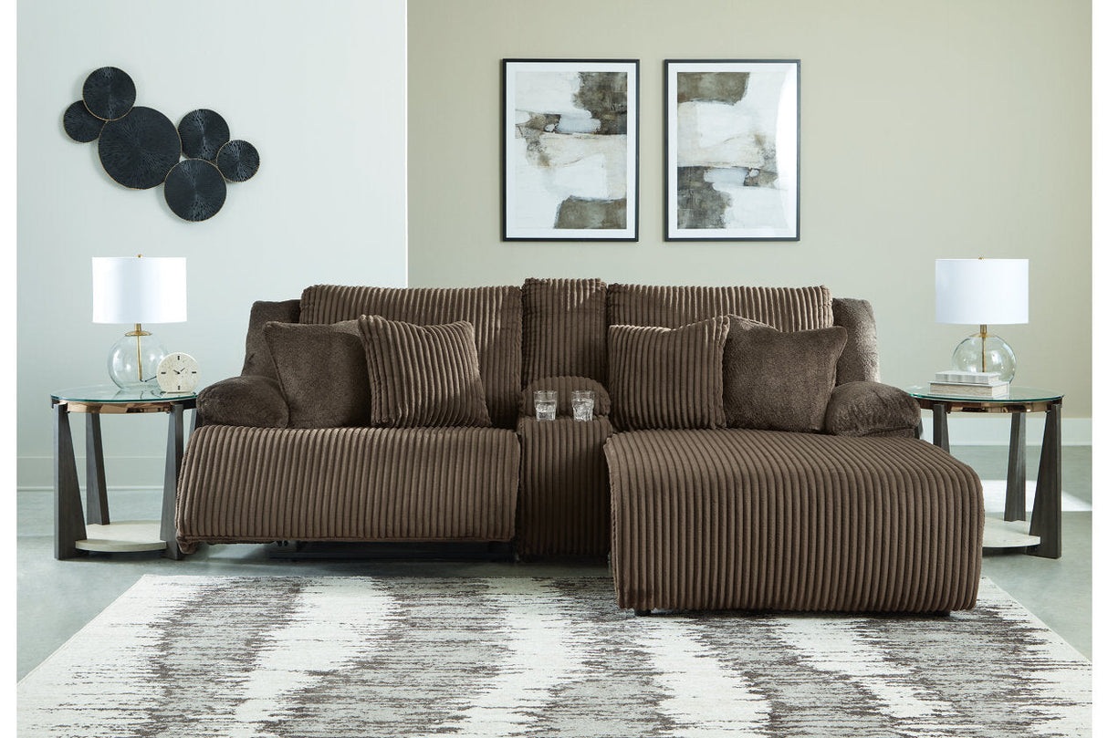 Top Tier Chocolate 3-Piece Reclining Modular Sectional with (RAF) Chaise and Console by Ashley at Eve Furniture