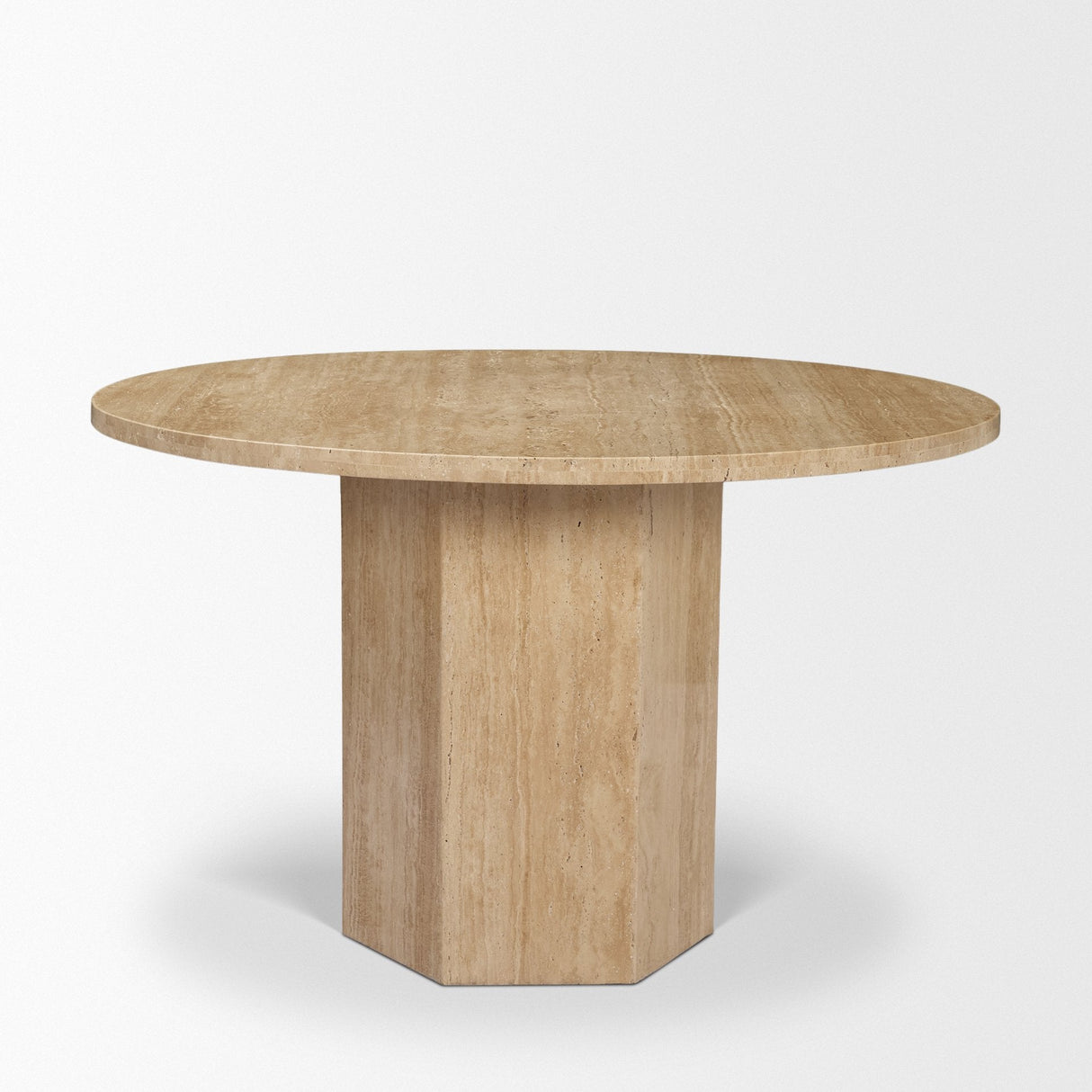 Torreno 42" Travertine Round Top Hexagon Pedestal Dining Table by Mercana at Eve Furniture