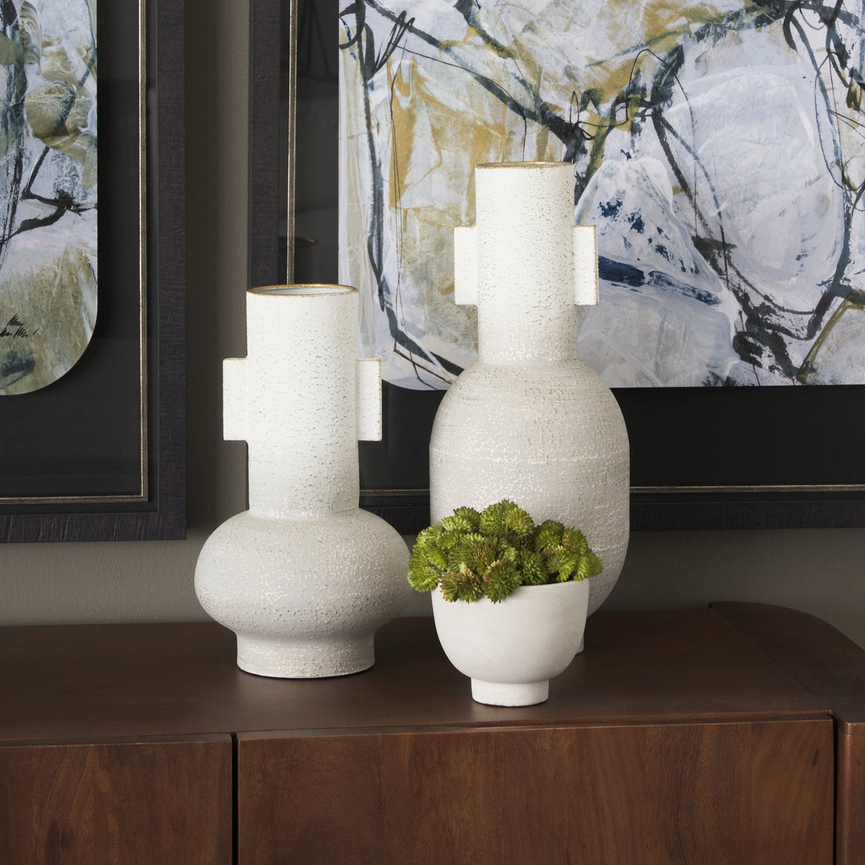 Torres Small Textured Off White w/ Gold Metal Vase by Mercana at Eve Furniture