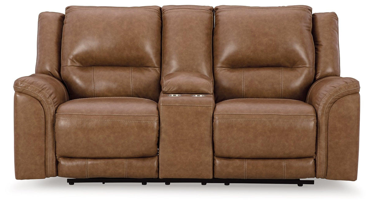 Trasimeno Caramel Dual Power Leather Reclining Loveseat with Console by Ashley at Eve Furniture