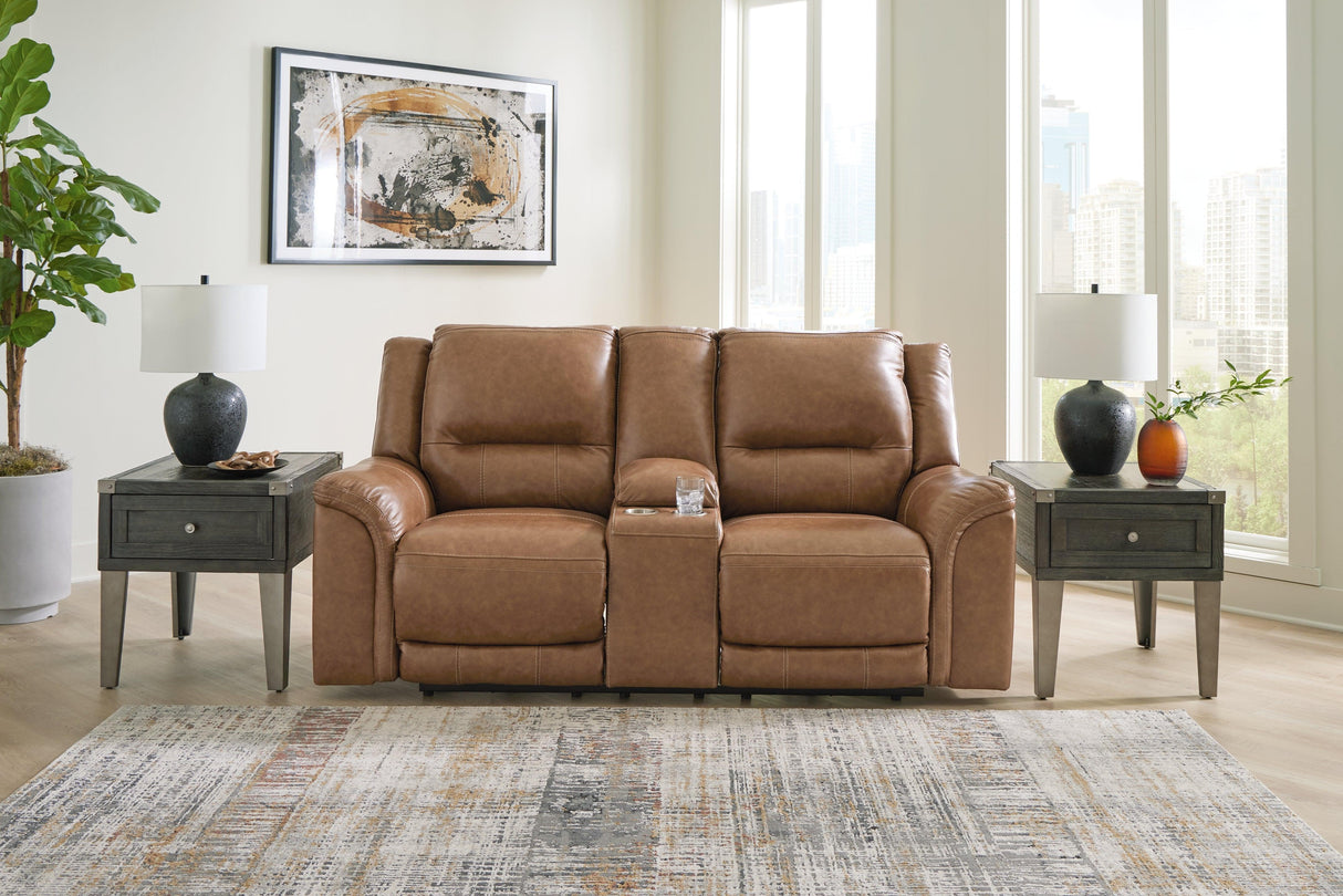 Trasimeno Caramel Dual Power Leather Reclining Loveseat with Console by Ashley at Eve Furniture