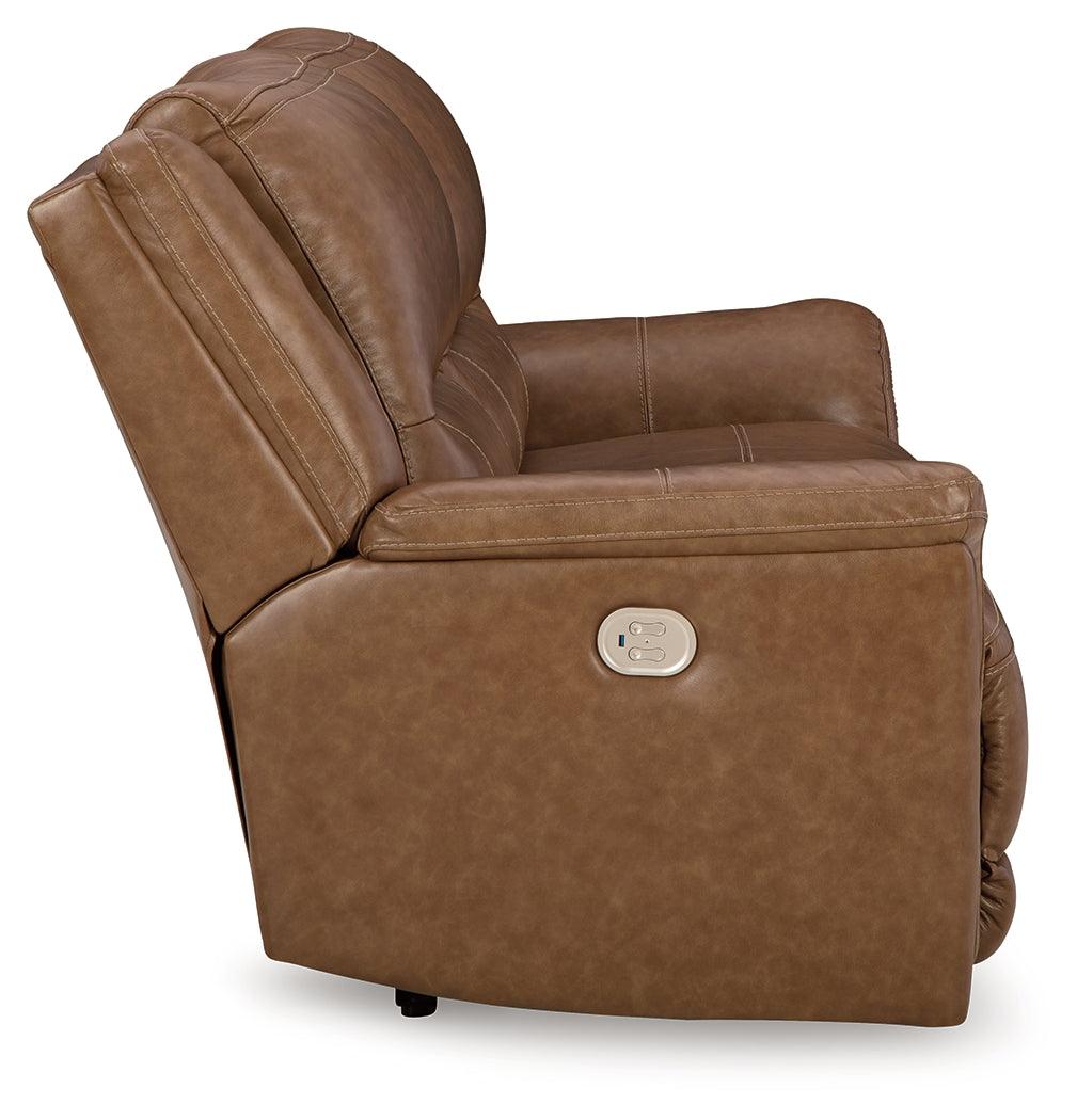 Trasimeno Caramel Dual Power Leather Reclining Sofa by Ashley at Eve Furniture