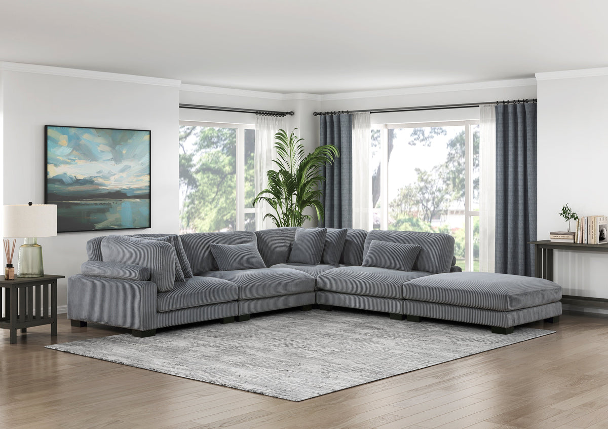 Traverse Gray 5-Piece Corduroy Modular Sectional with Ottoman by Homelegance at Eve Furniture