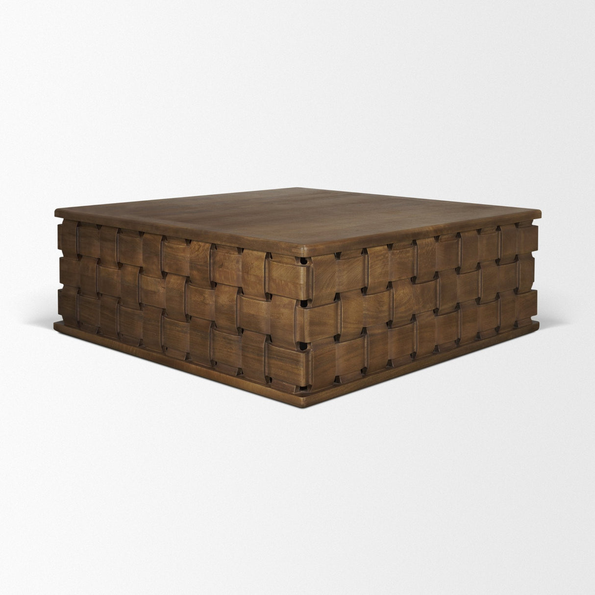 Trellyn 48" Dark Brown Wood w/ Carved Woven Base Square Coffee Table by Mercana at Eve Furniture
