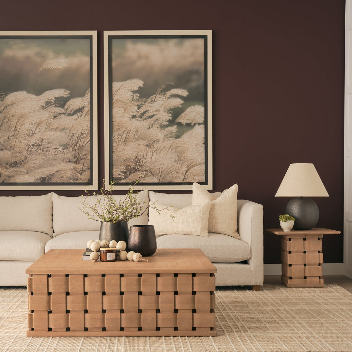 Trellyn 48" Light Brown Wood w/ Carved Woven Base Square Coffee Table by Mercana at Eve Furniture