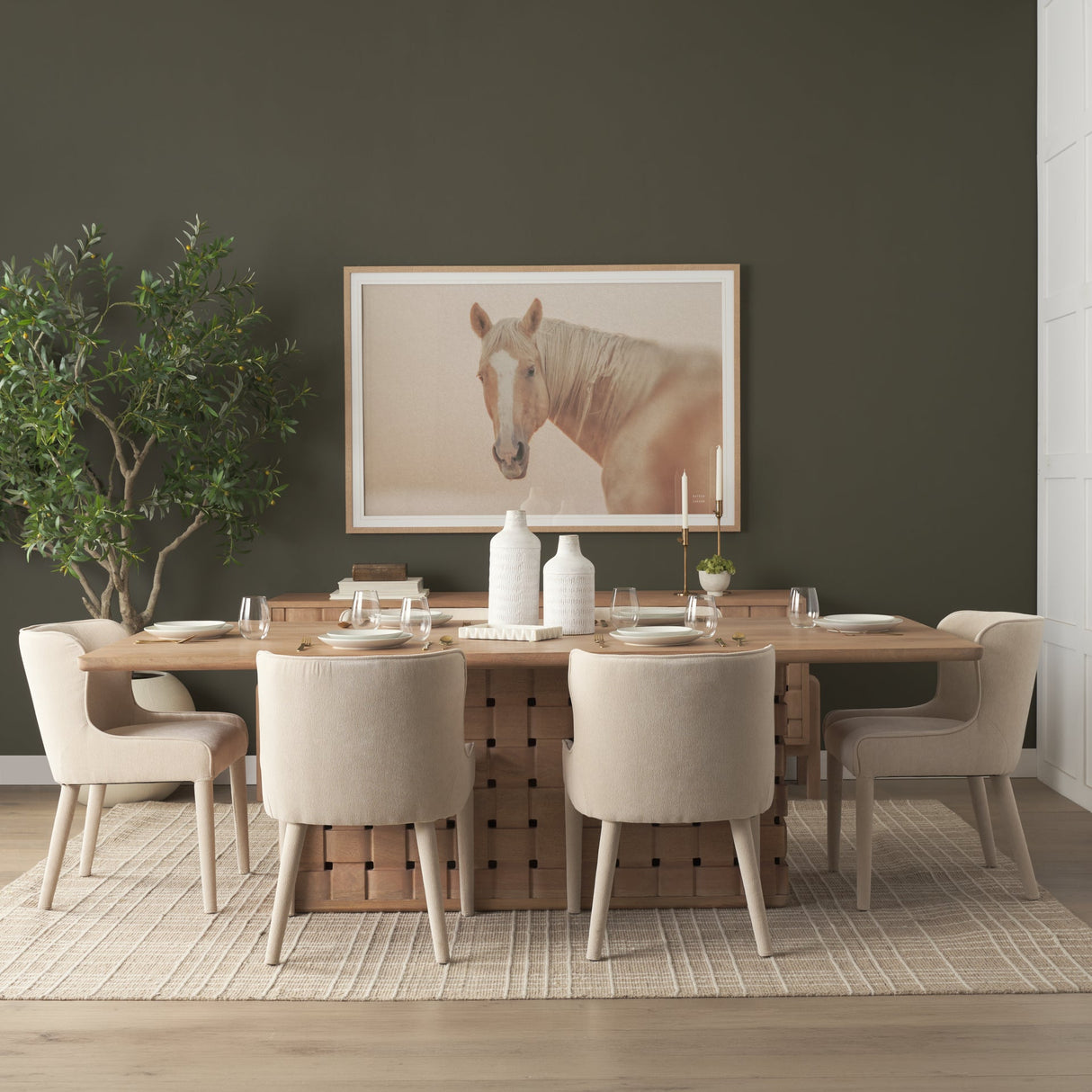 Trellyn 94" Light Brown Solid Wood Carved Woven Base Rectangular Dining Table by Mercana at Eve Furniture