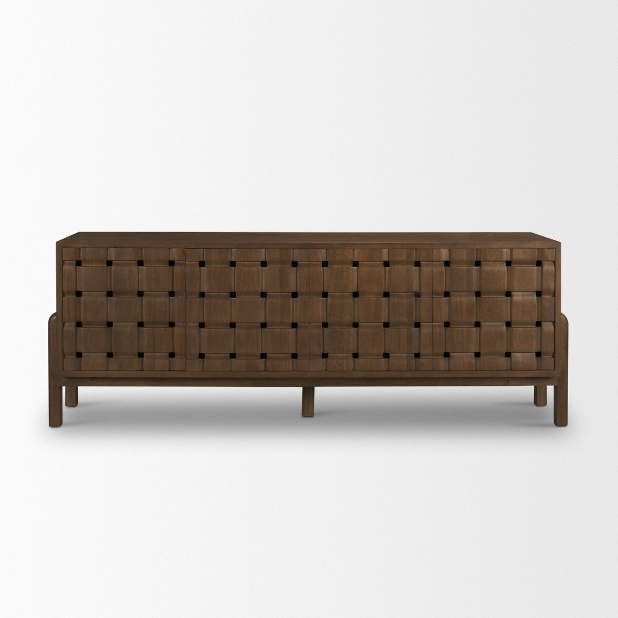 Trellyn Dark Brown Solid Wood 4-Door w/ Carved Woven Doors Closed Sideboard by Mercana at Eve Furniture