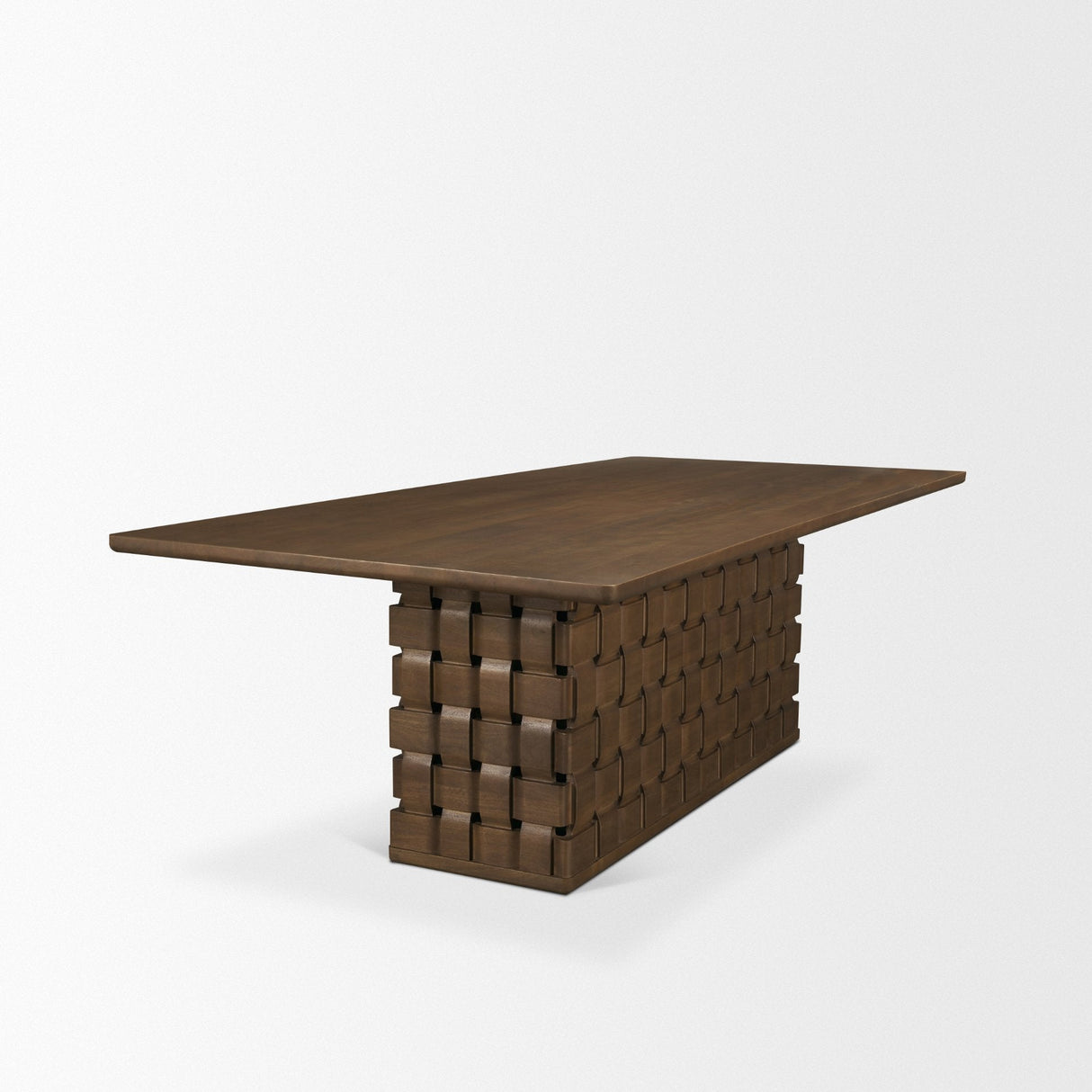 Trellyn Dark Brown Solid Wood Carved Woven Base Rectangular Dining Table by Mercana at Eve Furniture
