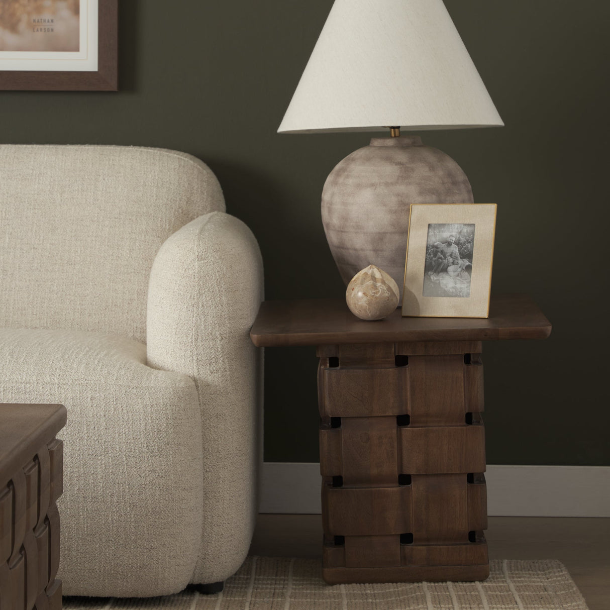 Trellyn Dark Brown Wood w/ Carved Woven Base Square Accent Table by Mercana at Eve Furniture