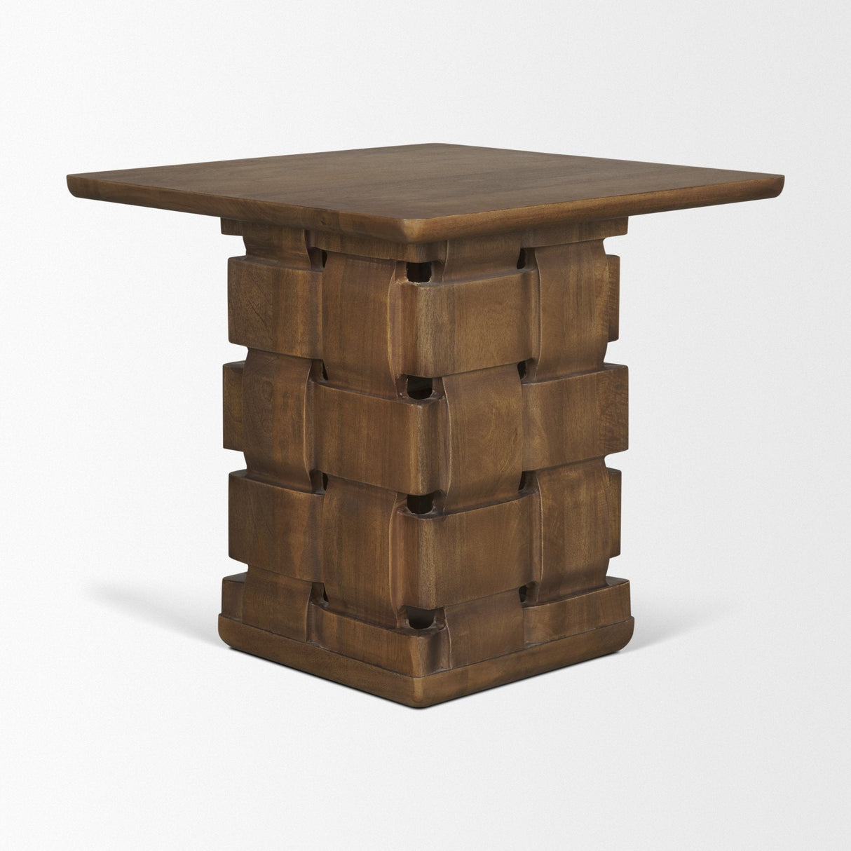 Trellyn Dark Brown Wood w/ Carved Woven Base Square Accent Table by Mercana at Eve Furniture