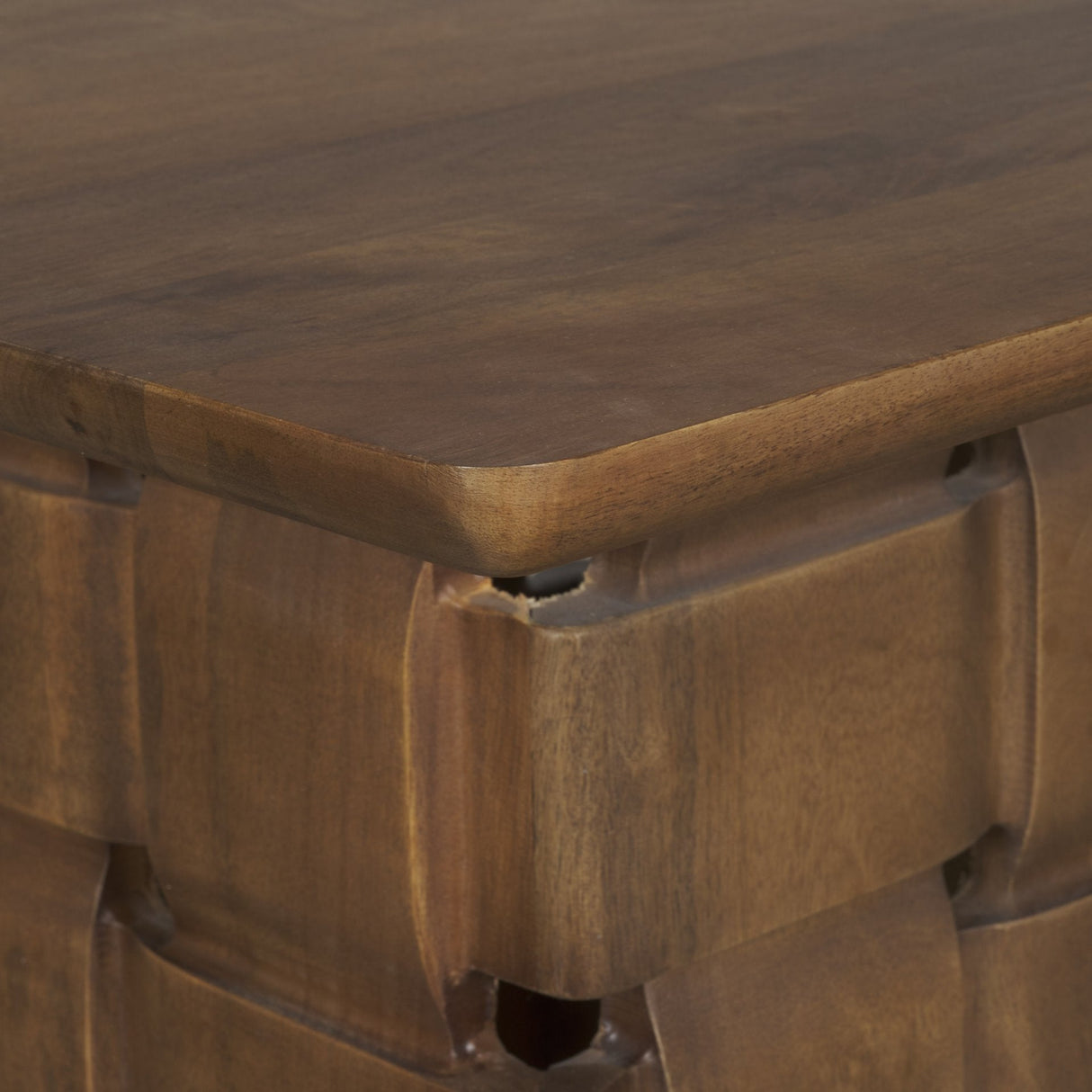 Trellyn Dark Brown Wood w/ Carved Woven Base Square Accent Table by Mercana at Eve Furniture