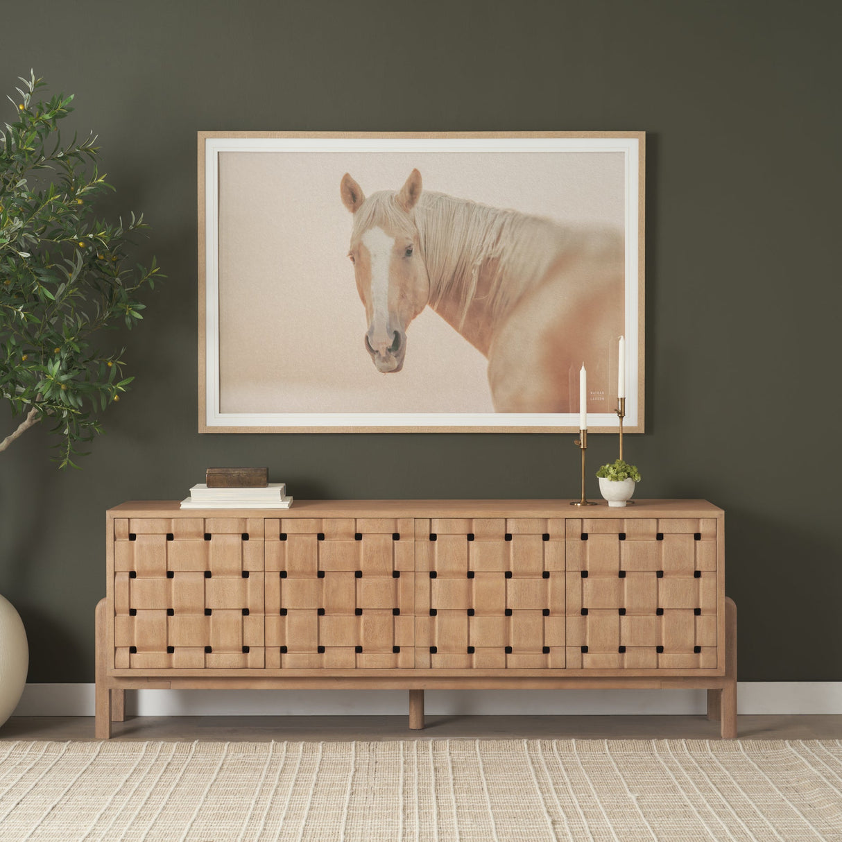 Trellyn Light Brown Solid Wood 4-Door Sideboard with Carved Woven Doors by Mercana at Eve Furniture