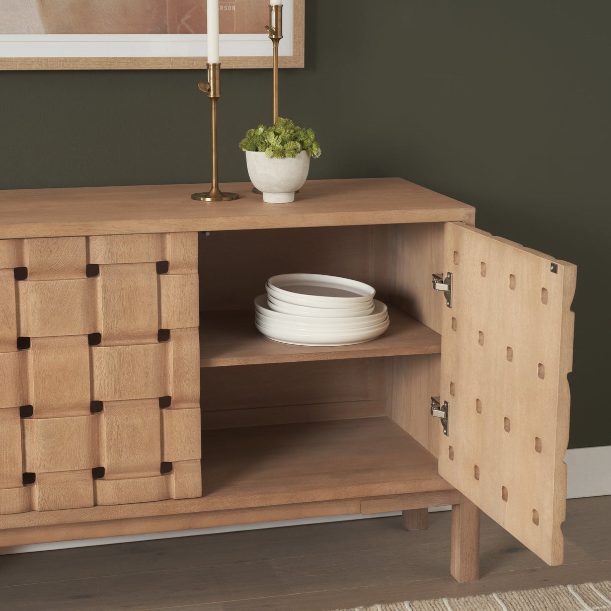 Trellyn Light Brown Solid Wood 4-Door Sideboard with Carved Woven Doors by Mercana at Eve Furniture