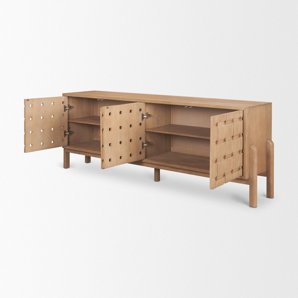 Trellyn Light Brown Solid Wood 4-Door Sideboard with Carved Woven Doors by Mercana at Eve Furniture