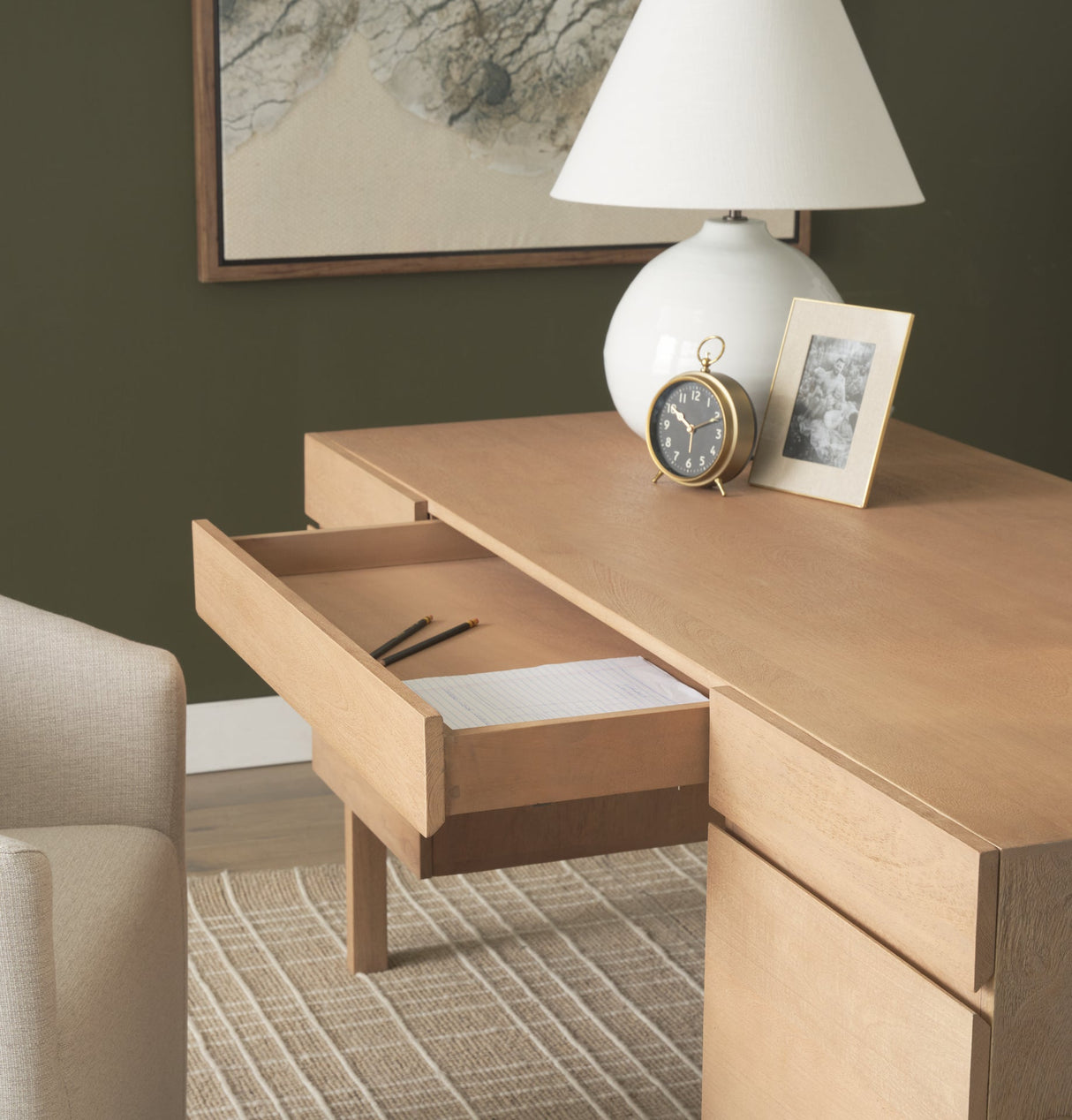 Trellyn Light Brown Solid Wood Carved Woven Desk by Mercana at Eve Furniture