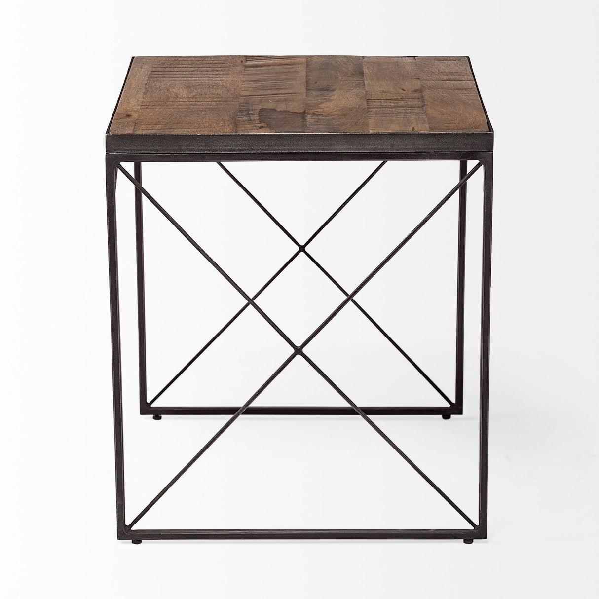 Trestman II 24" x 22.5" Square Top Medium Brown Wood and Iron Cross Braced End/Side Table by Mercana at Eve Furniture