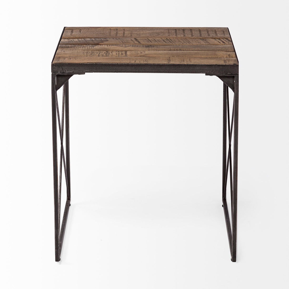Trestman II 24" x 22.5" Square Top Medium Brown Wood and Iron Cross Braced End/Side Table by Mercana at Eve Furniture