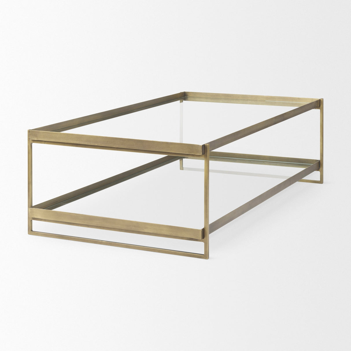 Trey 56.0L x 32.0W x 17.0H Gold Metal W/Glass Coffee table by Mercana at Eve Furniture