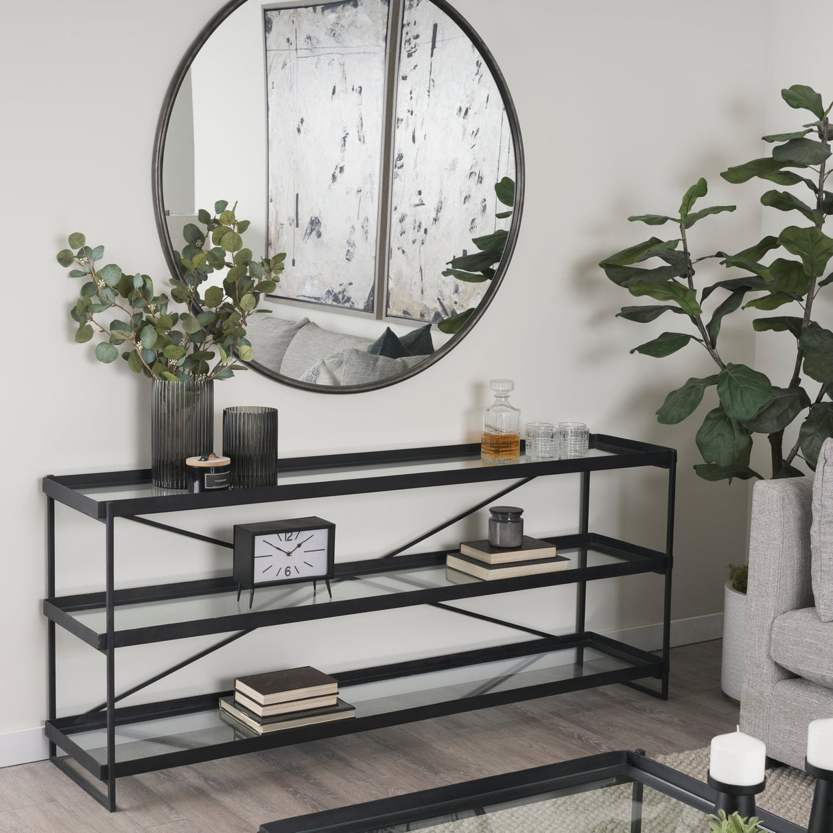 Trey 72.0"L x 16.0"W x 30.0"H Black Metal W/Glass Console Table by Mercana at Eve Furniture