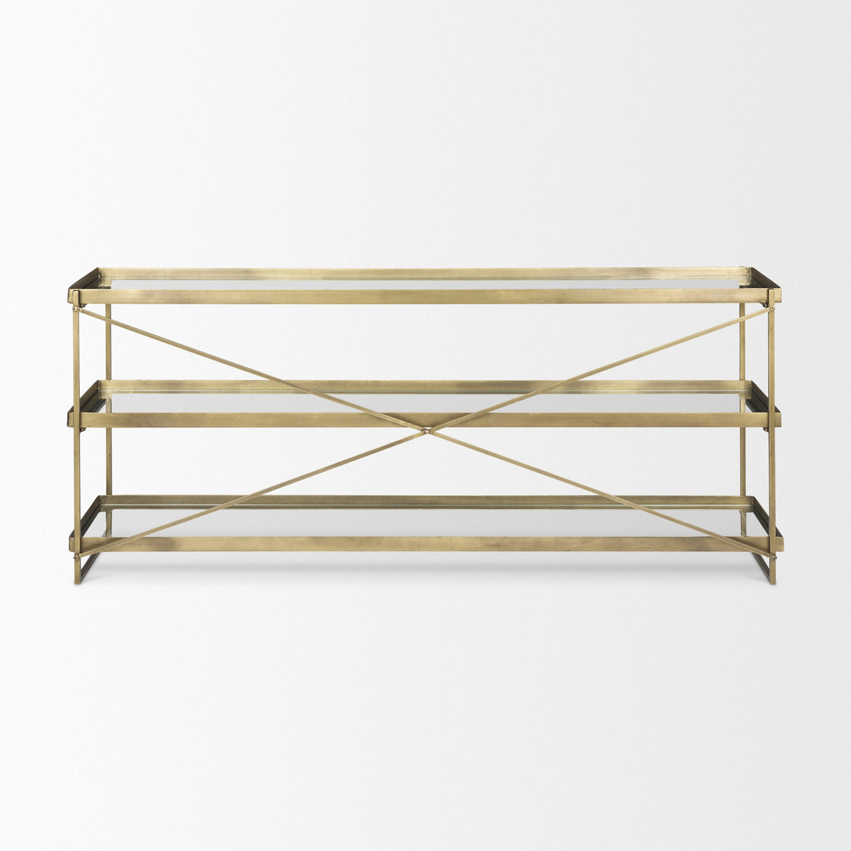 Trey 72.0L x 16.0W x 30.0H Gold Metal W/Glass Console Table by Mercana at Eve Furniture