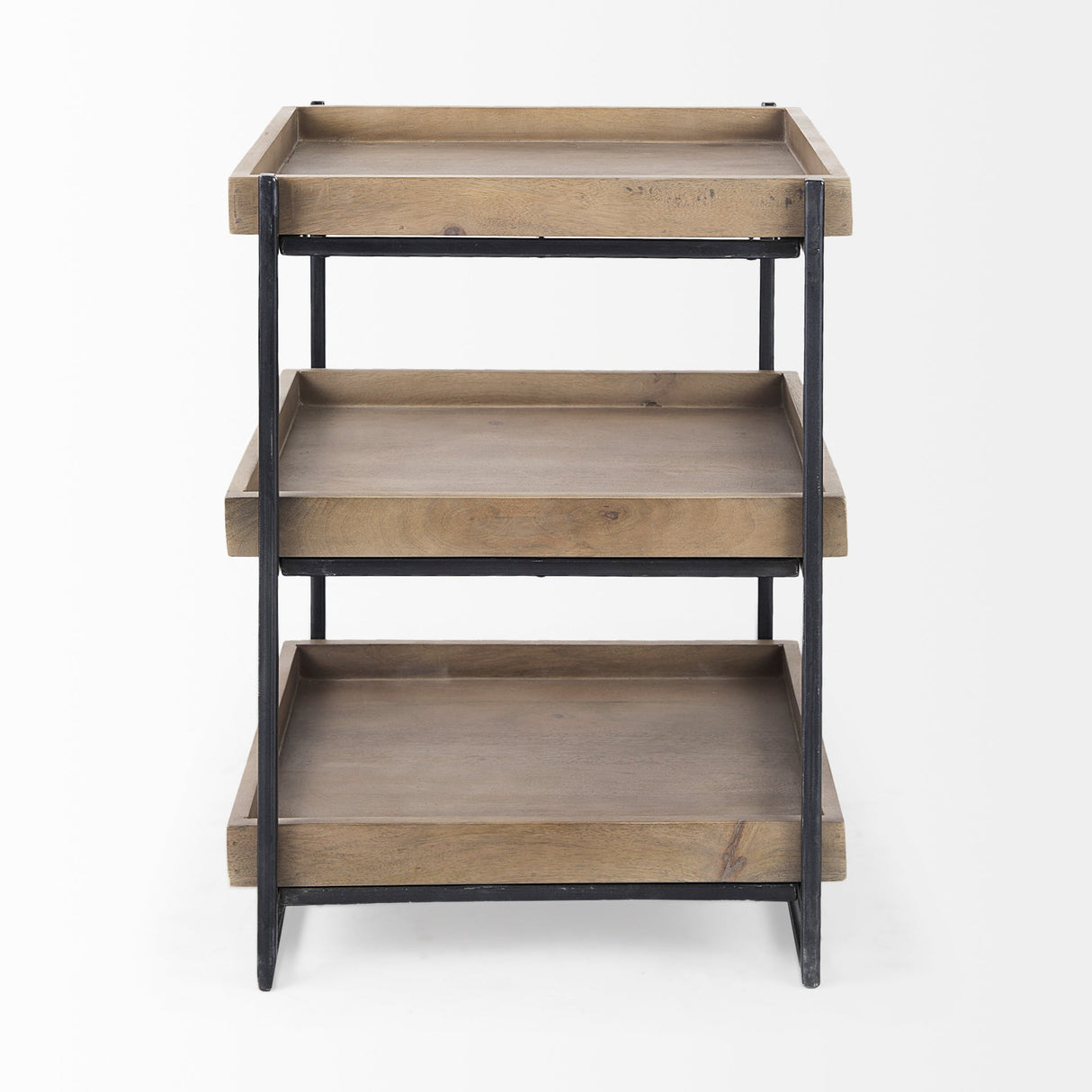 Trey III 20" x 26" Square Medium Brown Wooden Three-Tiered Black Iron Frame End/Side Table by Mercana at Eve Furniture