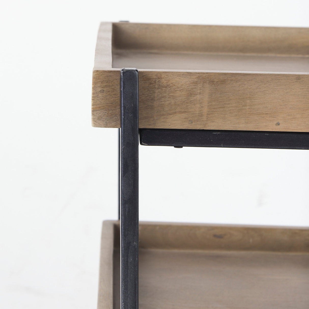Trey III 20" x 26" Square Medium Brown Wooden Three-Tiered Black Iron Frame End/Side Table by Mercana at Eve Furniture