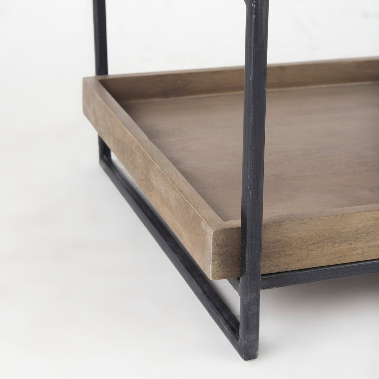 Trey III 20" x 26" Square Medium Brown Wooden Three-Tiered Black Iron Frame End/Side Table by Mercana at Eve Furniture
