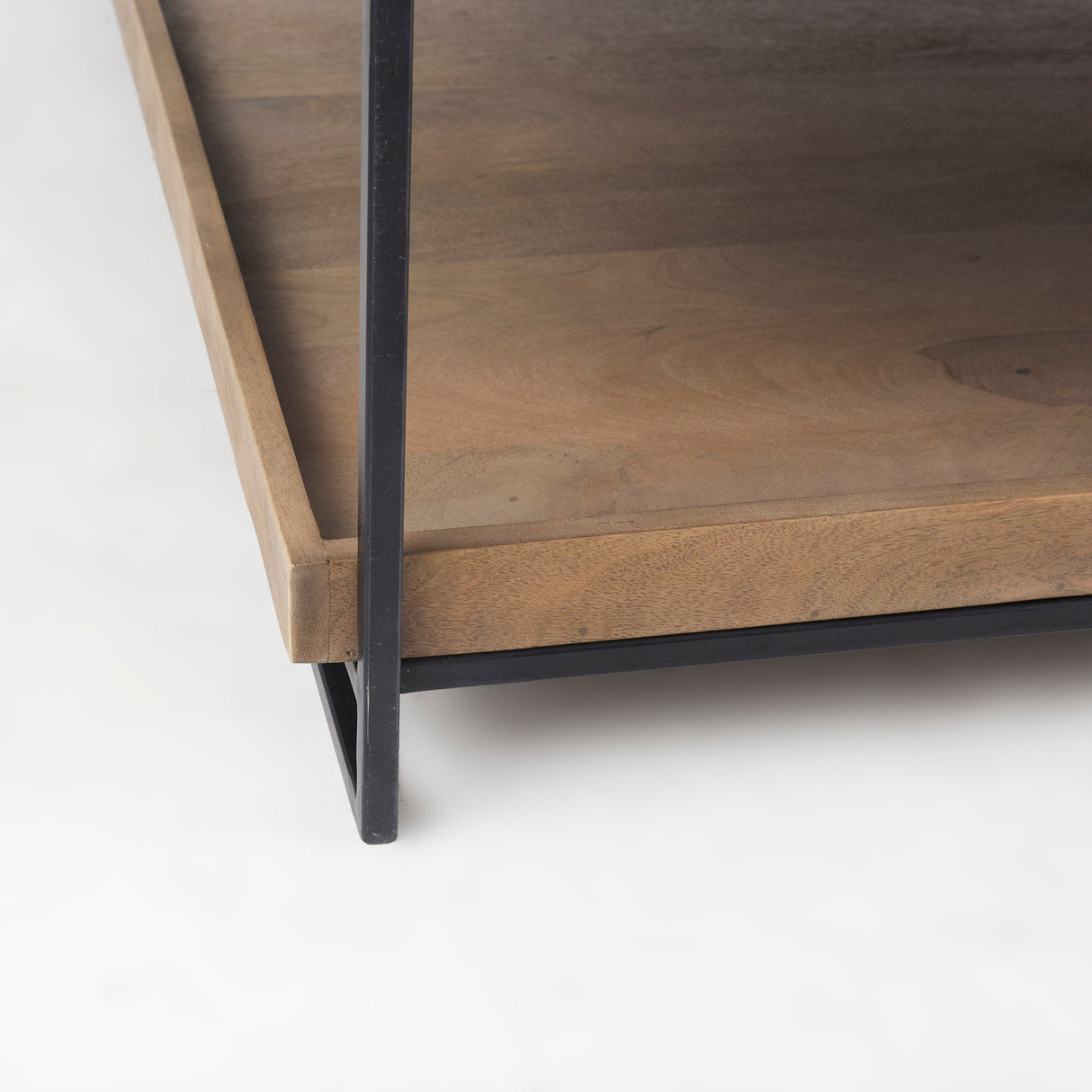 Trey Rectangular Brown Solid Wood Top Table Black Metal Frame Two-Tier Coffee Table by Mercana at Eve Furniture