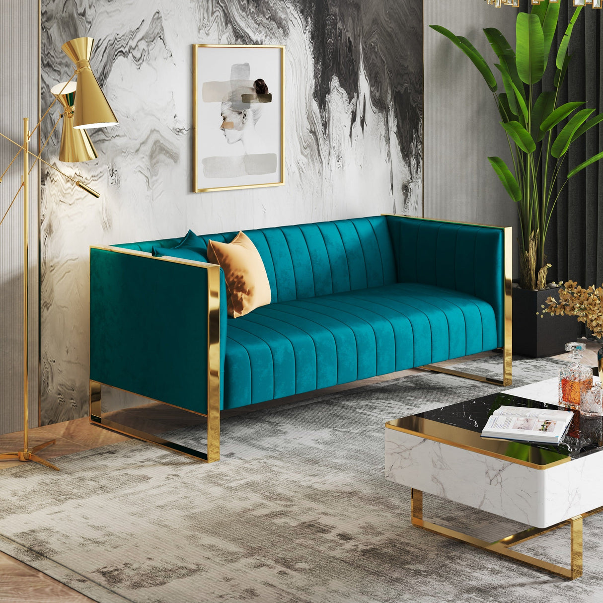 Trillium Sofa in Aqua Blue and Gold by Manhattan Comfort at Eve Furniture