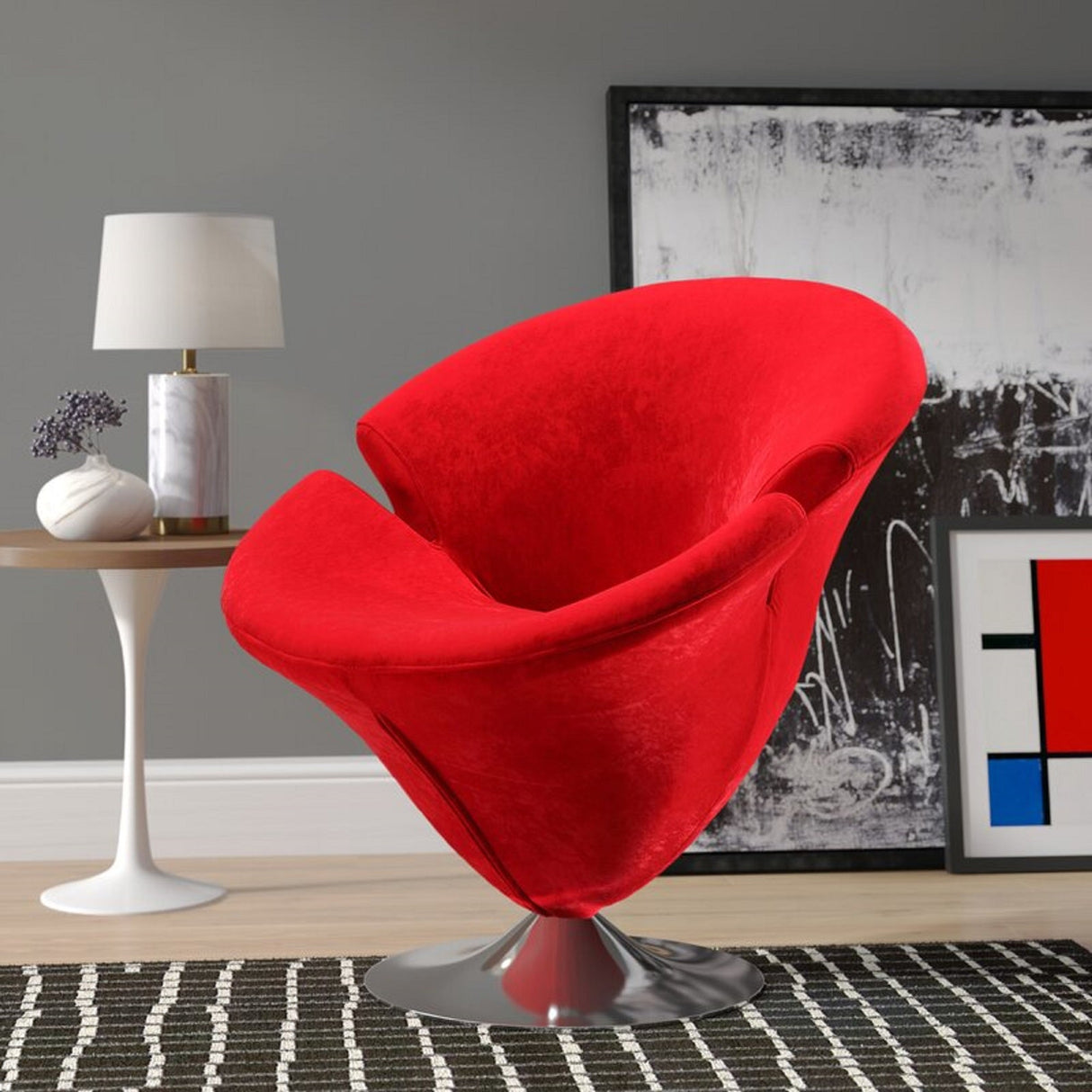 Tulip Swivel Accent Chair in Red and Polished Chrome by Manhattan Comfort at Eve Furniture