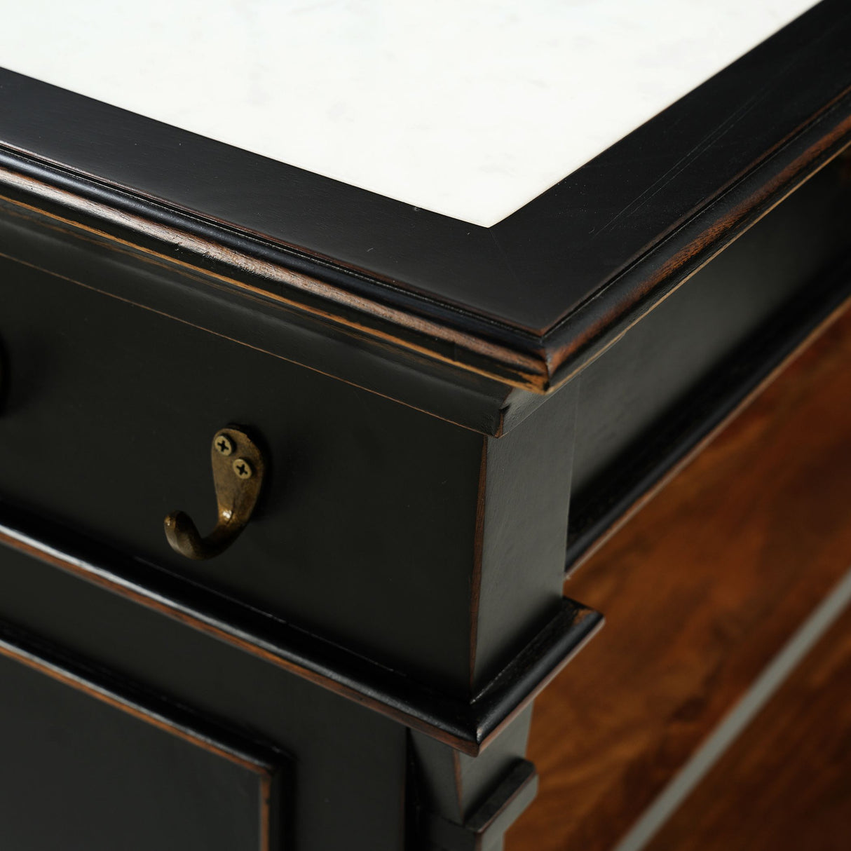 Turin 58" Kitchen Island in Distressed Black with White Marble Top