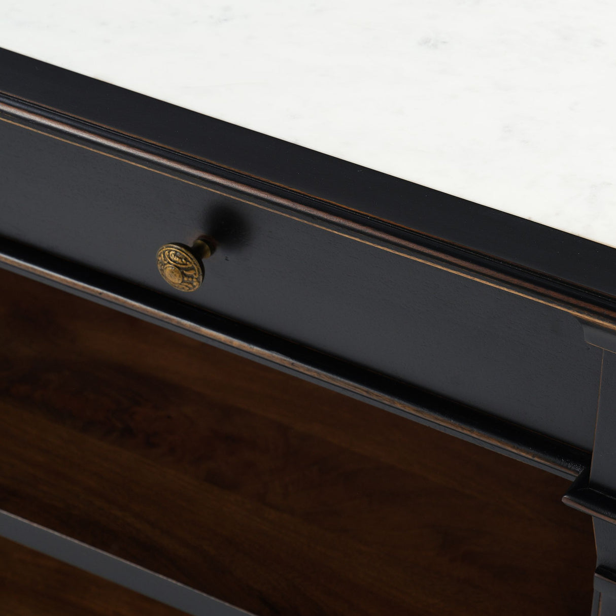 Turin 58" Kitchen Island in Distressed Black with White Marble Top