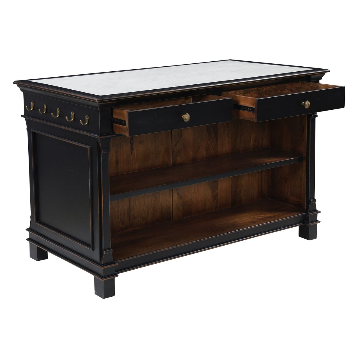 Turin 58" Kitchen Island in Distressed Black with White Marble Top