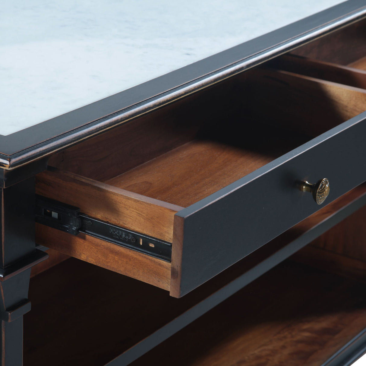 Turin 58" Kitchen Island in Distressed Black with White Marble Top