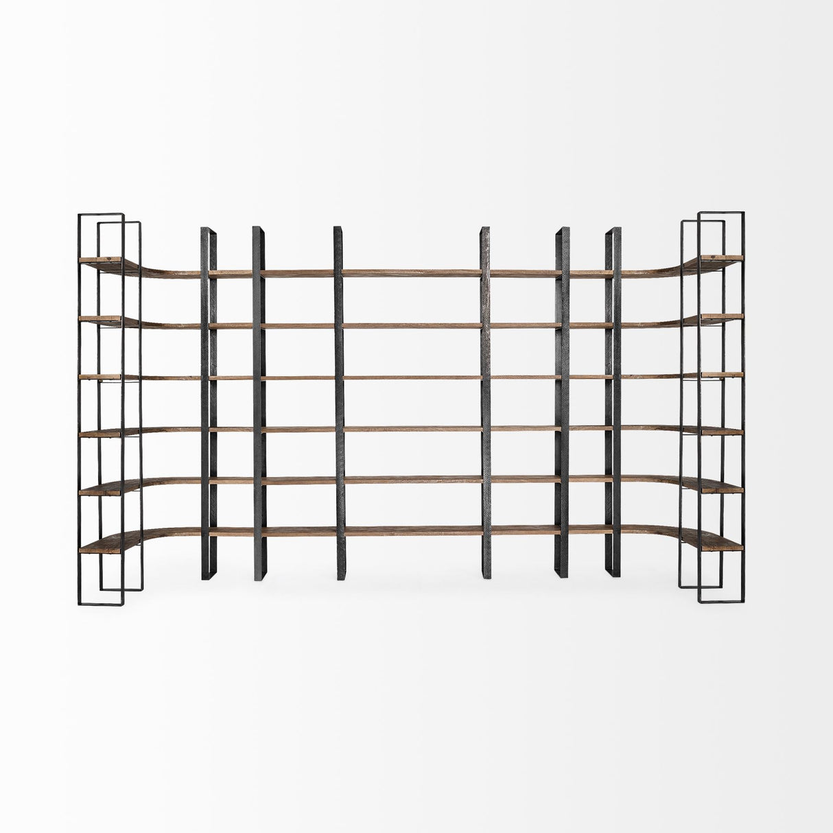 Turner II Curved Dark Brown Wood And Black Iron Six Shelving Unit by Mercana at Eve Furniture