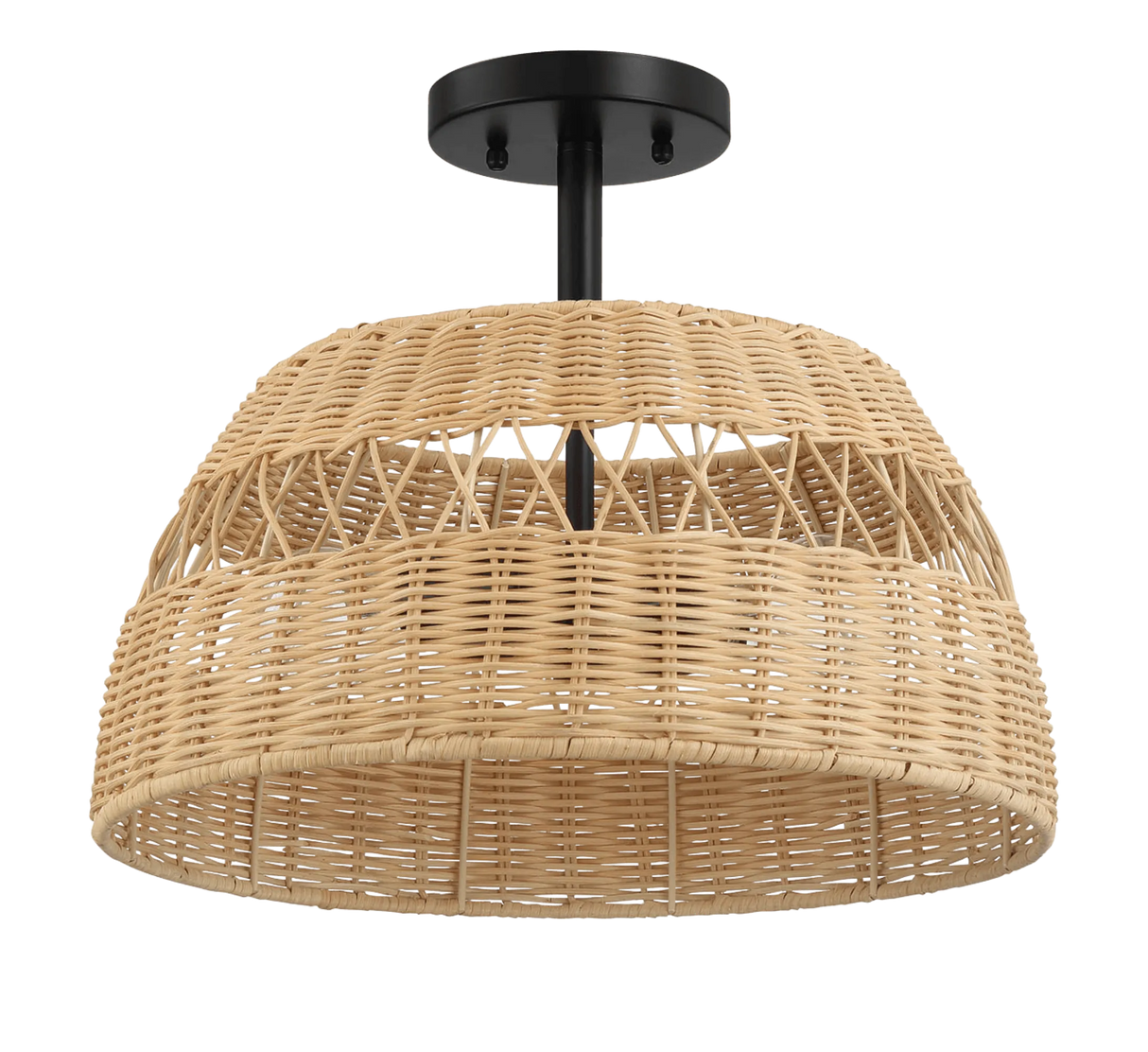 Twinkle Double Lights Semi Flush With Rattan Shade Black Metal Finish for Farmhouse Style by Ashcroft Furniture at Eve Furniture