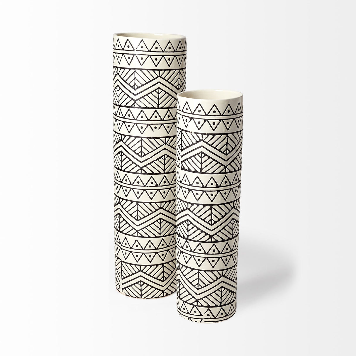 Uhura I Small Cream Black Patterned Cylindrical Vase by Mercana at Eve Furniture