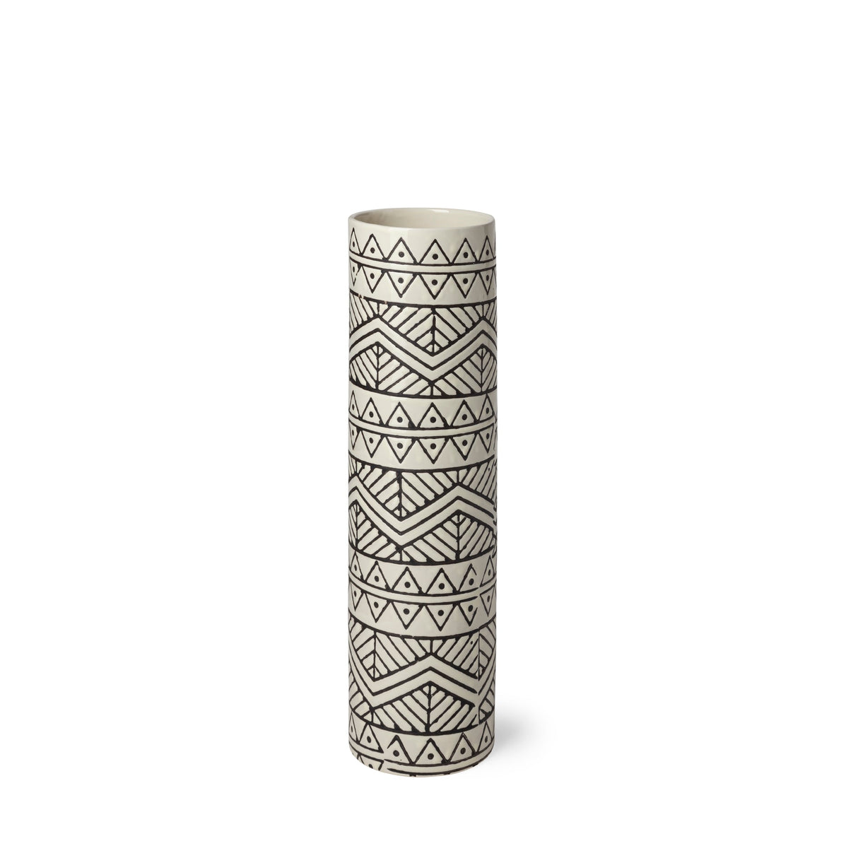 Uhura I Small Cream Black Patterned Cylindrical Vase by Mercana at Eve Furniture