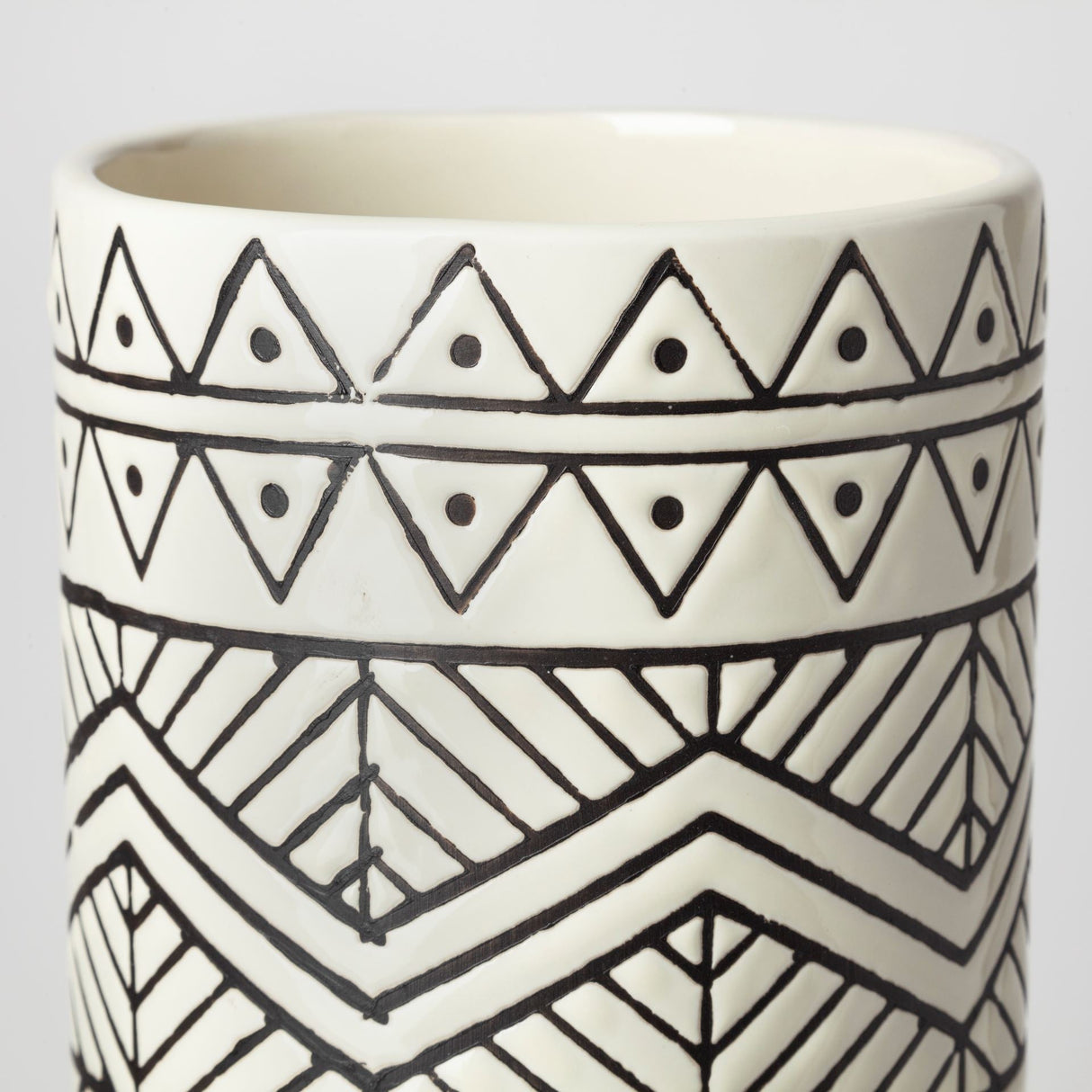 Uhura II Large Cream Black Patterned Cylindrical Ceramic Vase by Mercana at Eve Furniture