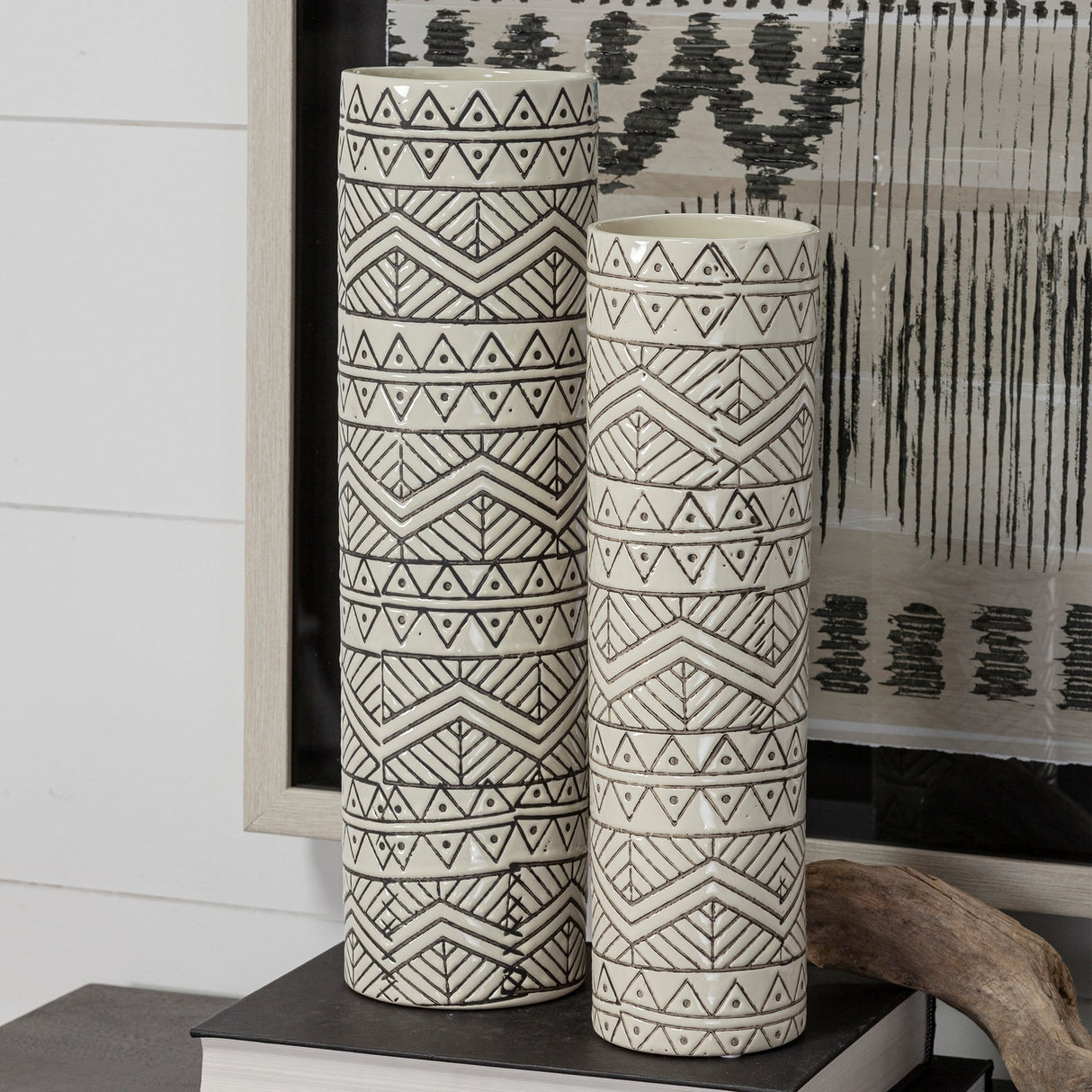 Uhura II Large Cream Black Patterned Cylindrical Ceramic Vase by Mercana at Eve Furniture