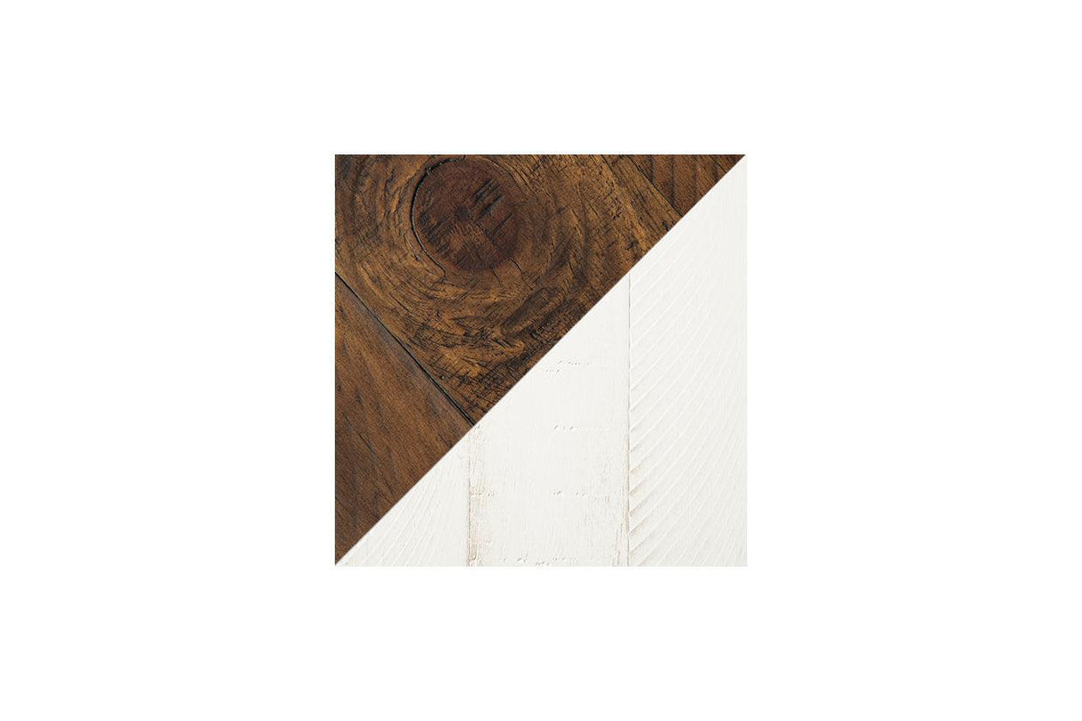 Valebeck Counter Height Dining Room Set In White and Brown by Ashley at Eve Furniture