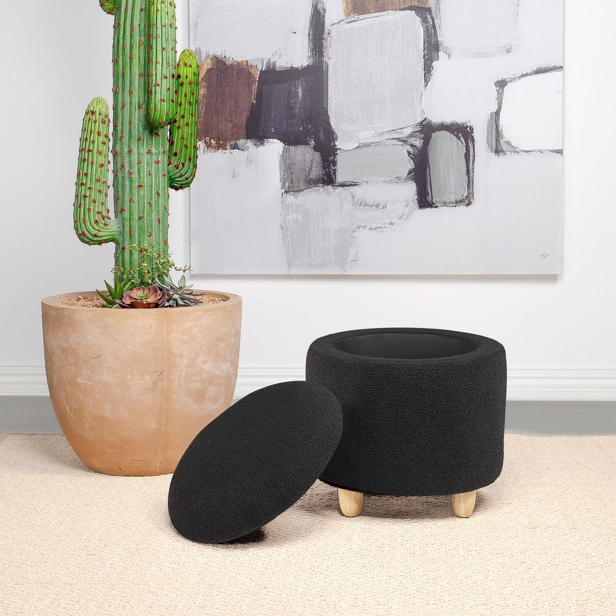 Valia Black Faux Sheepskin Upholstered Round Storage Ottoman by Coaster at Eve Furniture