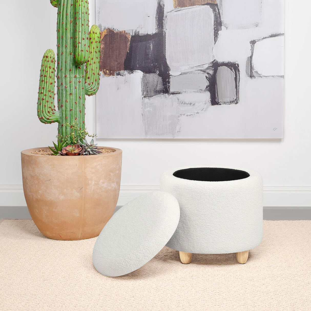 Valia Ivory Faux Sheepskin Upholstered Round Storage Ottoman by Coaster at Eve Furniture