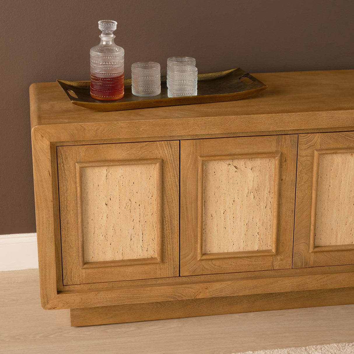 Valterra Light Brown Wood w/ Travertine 6 Door Media Console by Mercana at Eve Furniture