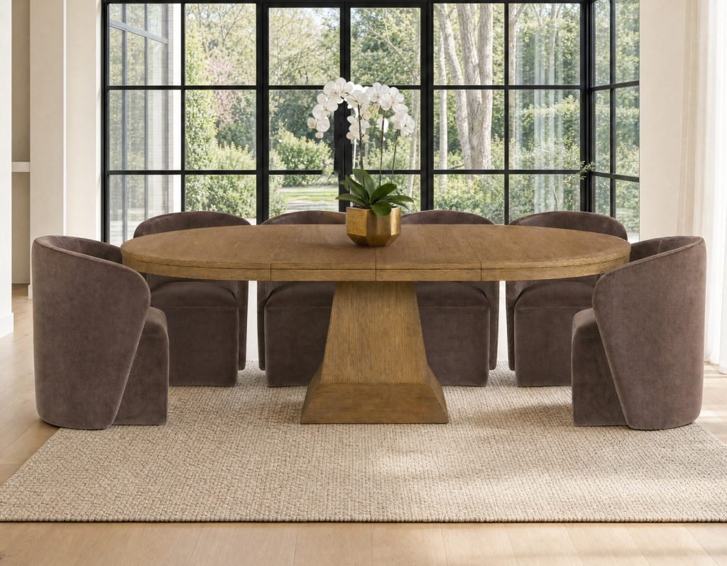 Vaughn 5-Piece Dining Room Set with Annie Barrel Chocolate Velvet Chairs by Steve Silver at Eve Furniture