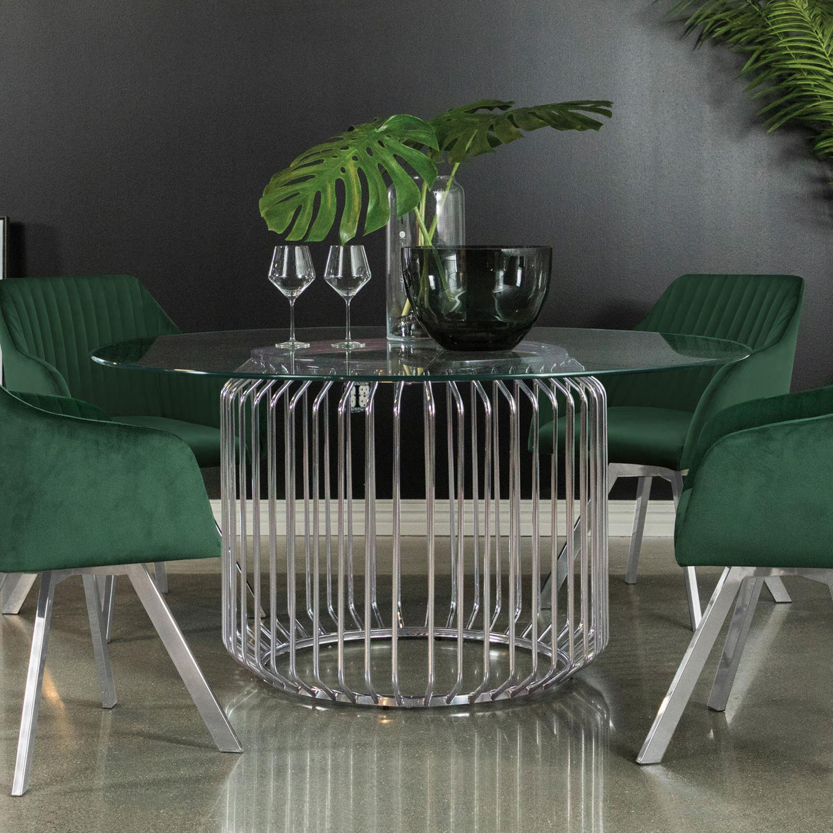 Veena Clear and Chrome Round Glass Top Dining Table by Coaster at Eve Furniture