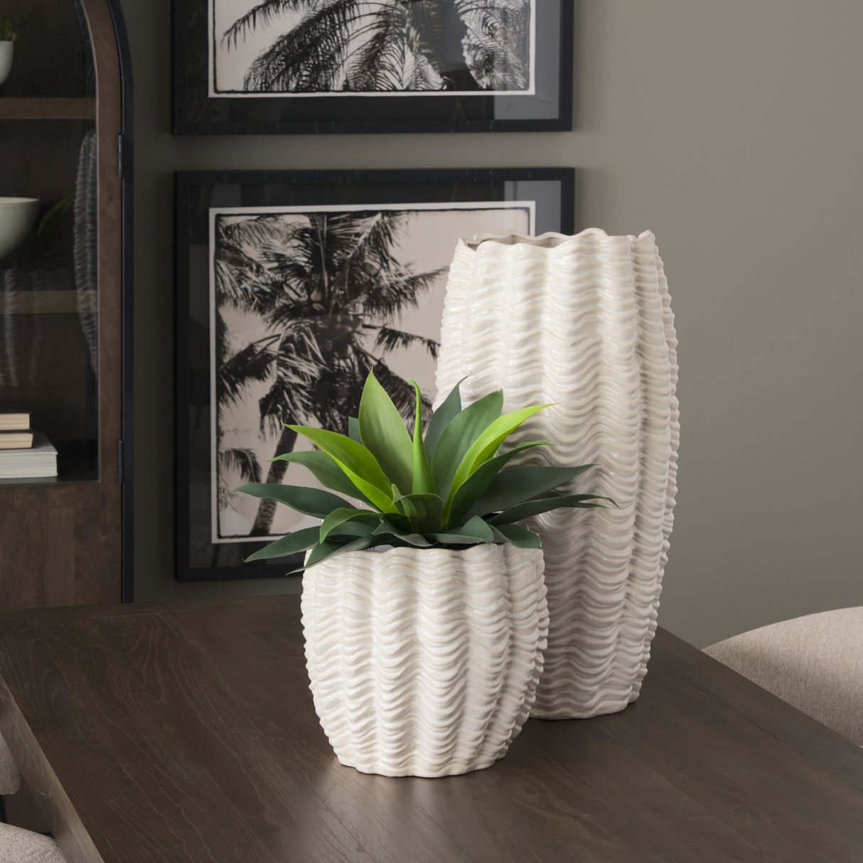 Velia Short Seashell Sculptural Cream Glazed Ceramic Vase by Mercana at Eve Furniture