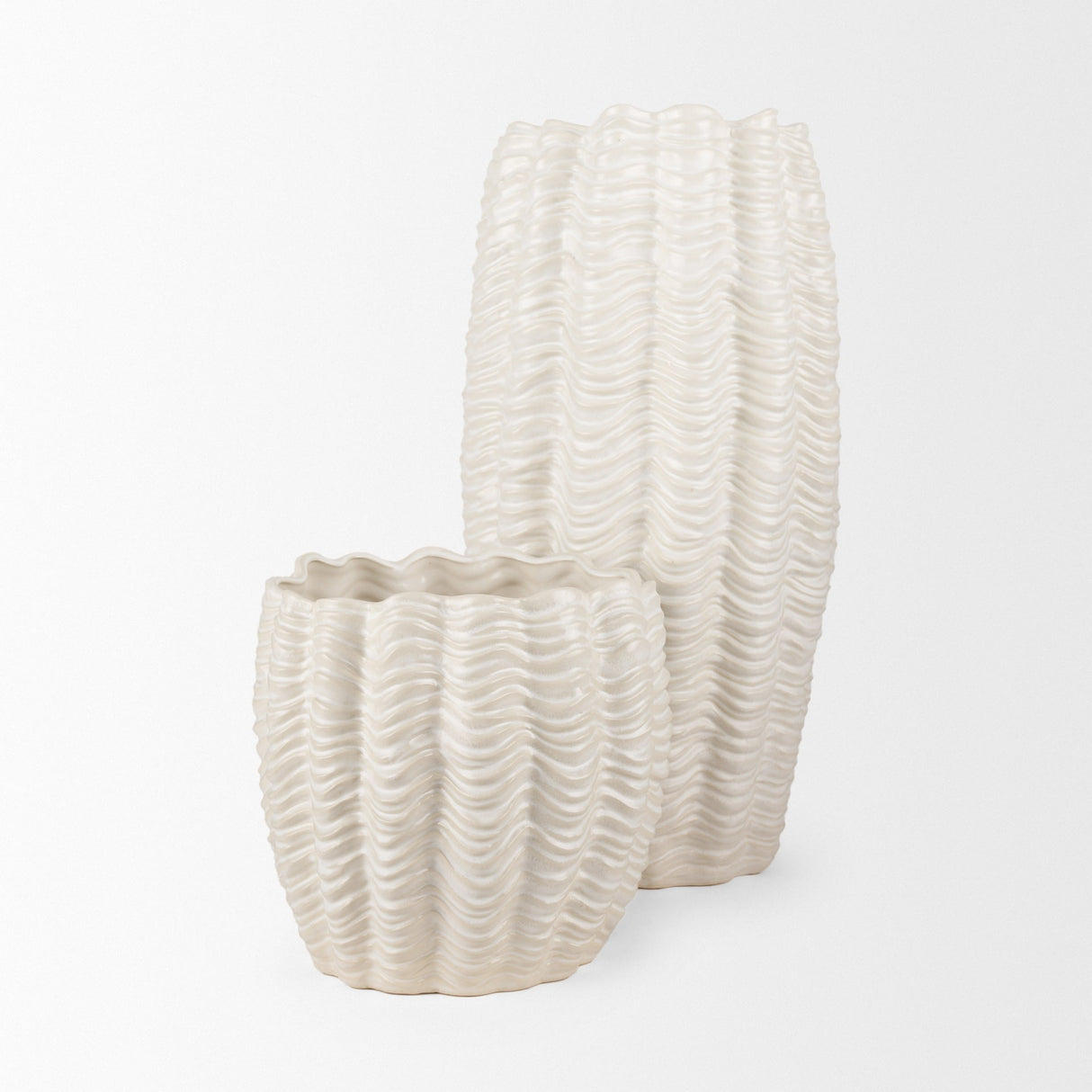 Velia Short Seashell Sculptural Cream Glazed Ceramic Vase by Mercana at Eve Furniture