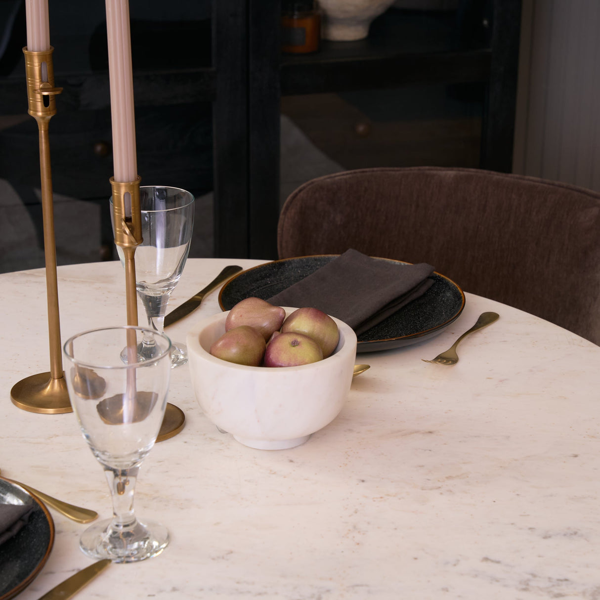 Veneto Round White Marble Top with Black Metal Base Dining Table by Mercana at Eve Furniture