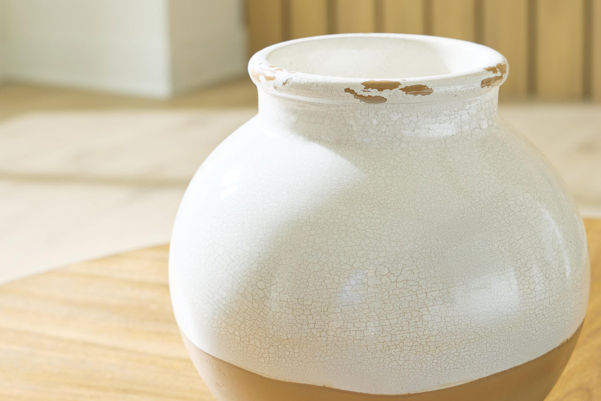 Vercott Cream/Tan Vase by Ashley at Eve Furniture
